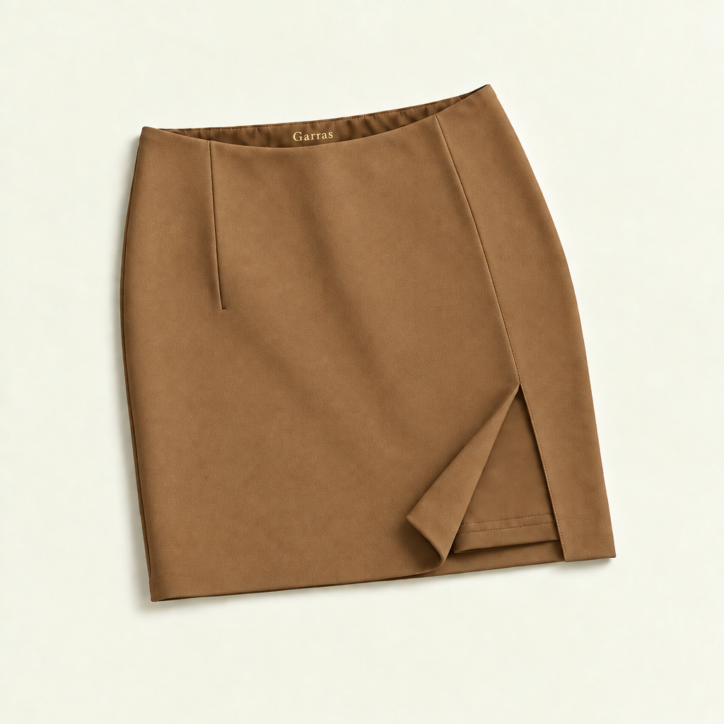 Falda short camel tela loma premium casi lisa